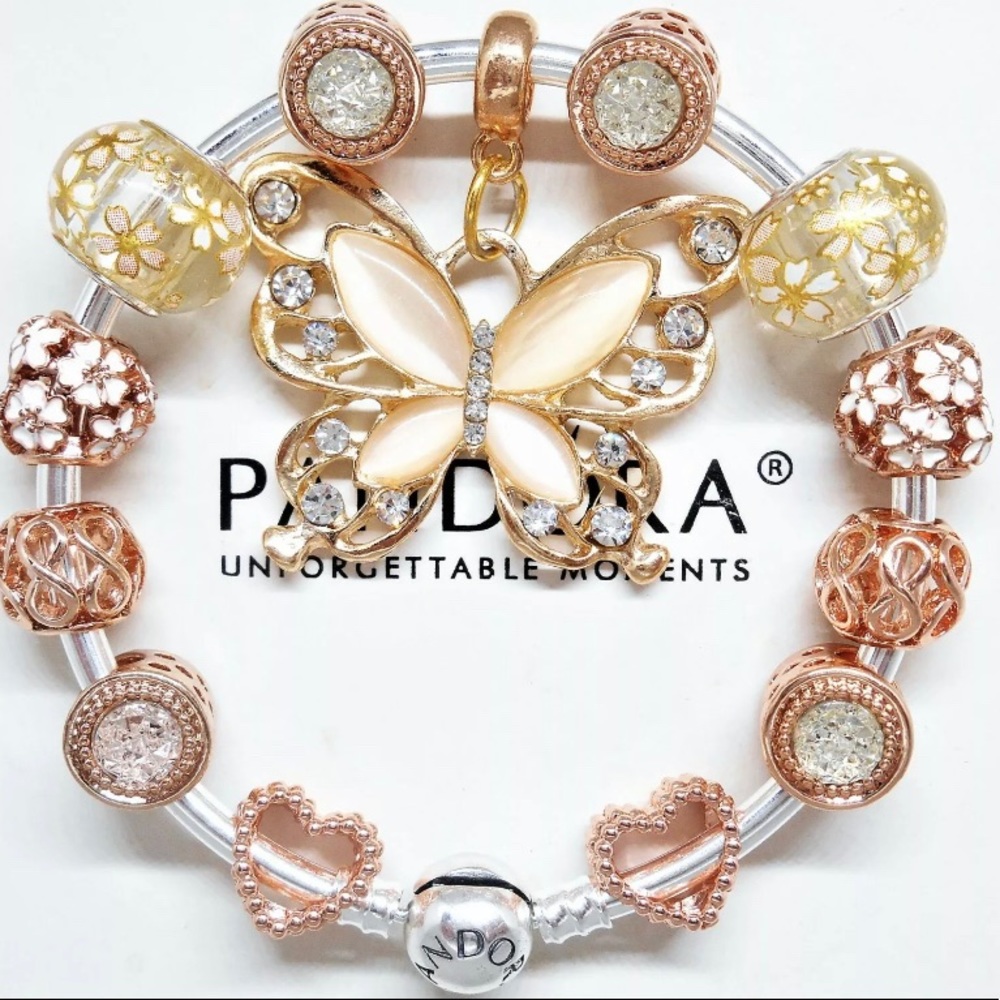 Authentic Pandora Silver Bracelet with Rose Gold Butterfly European Charms